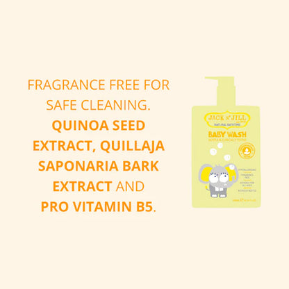 Jack of Jild Baby Wash pump bottle in a pale yellow-green color with a cartoon elephant, shown next to orange text detailing its fragrance-free and ingredient benefits on a light cream background.
