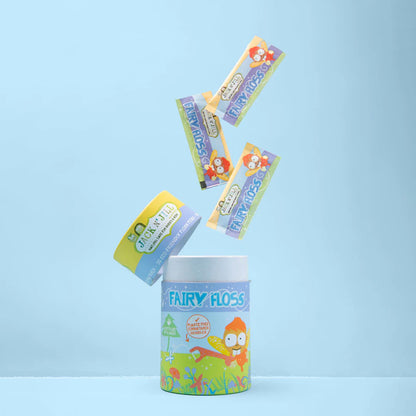 A colorful cylindrical container labeled &