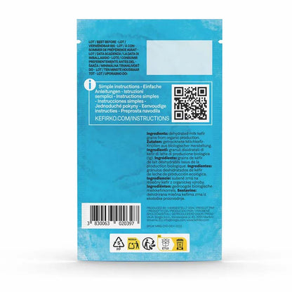 Back of a Kefirko product packaging pouch