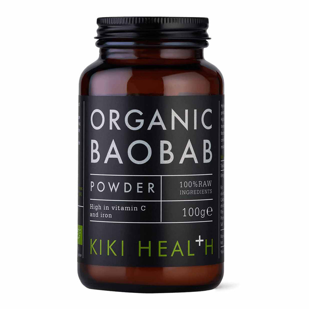 A 100g bottle of Kiki Health Organic Baobab Powder.