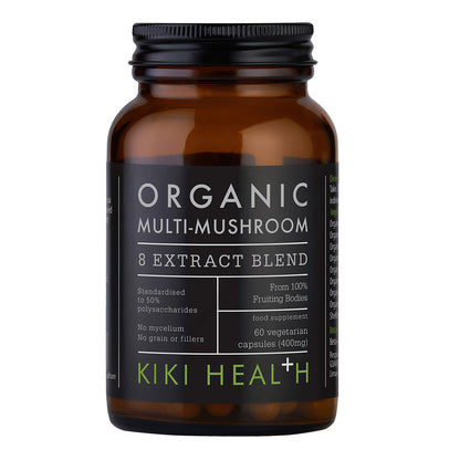 A bottle of Kiki Health Organic Multi-Mushroom 8 Extract Blend dietary supplement.