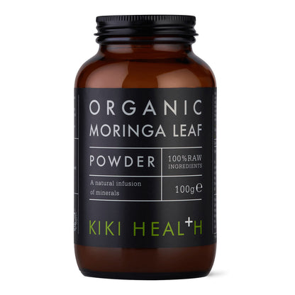 A 100g bottle of Kiki Health Organic Moringa Leaf Powder.