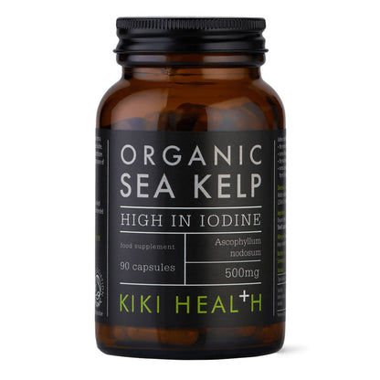 A bottle of Kiki Health Organic Sea Kelp high in iodine, containing 90 capsules, on a solid white background.