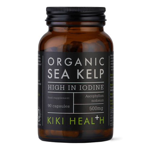 A bottle of Kiki Health Organic Sea Kelp high in iodine, containing 90 capsules, on a solid white background.