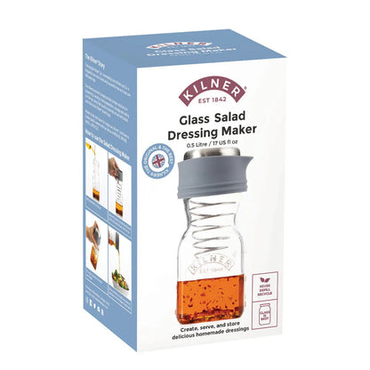 Kilner Glass Salad Dressing Maker product packaging box, showing a clear glass bottle with a gray lid and orange liquid inside, on a white background.