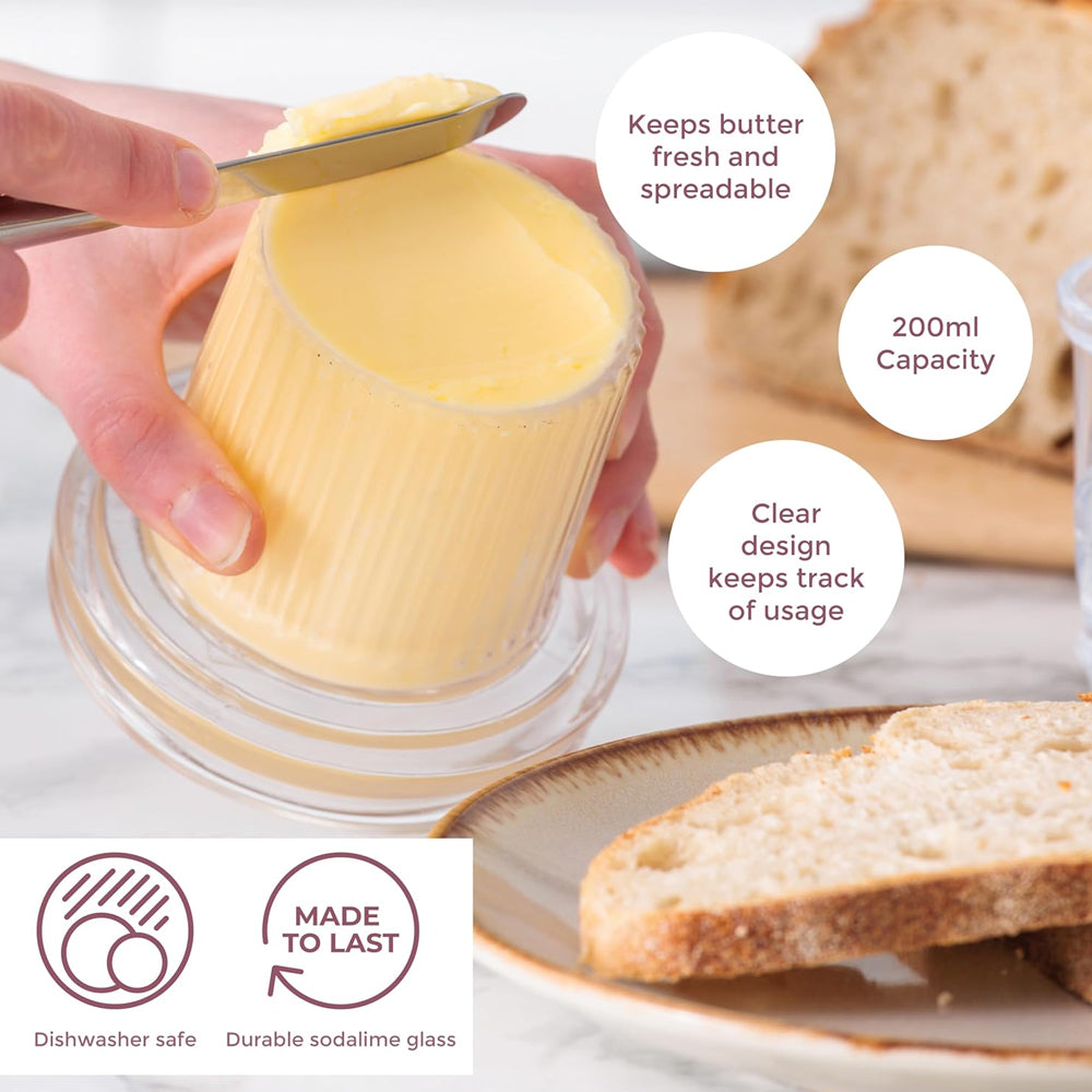 Butter container with a hand spreading butter on bread, surrounded by text highlighting features.