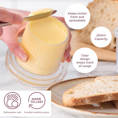 Butter container with a hand spreading butter on bread, surrounded by text highlighting features.