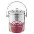 Kilner Kitchen Composter in polished stainless steel with a matching metal handle and lid, featuring a pink and white label with green leaf graphics.