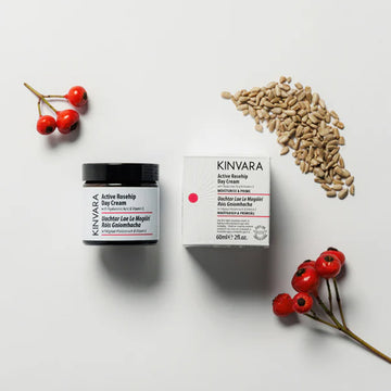 Kinvara skincare product with packaging on a light background