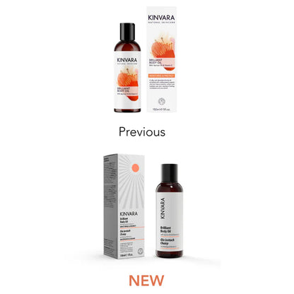 Comparison of Kinvara Brilliant Body Oil packaging, showing a &