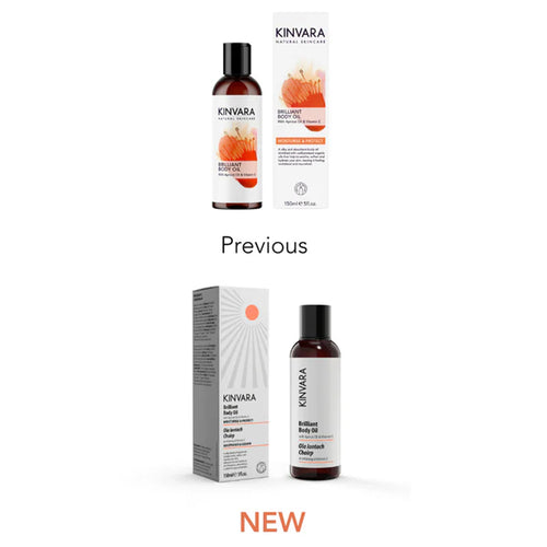 Comparison of Kinvara Brilliant Body Oil packaging, showing a &