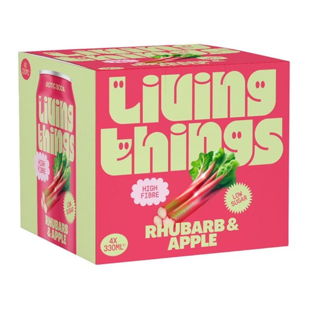 Living Things Rhubarb &amp; Apple drink box with pink and green design