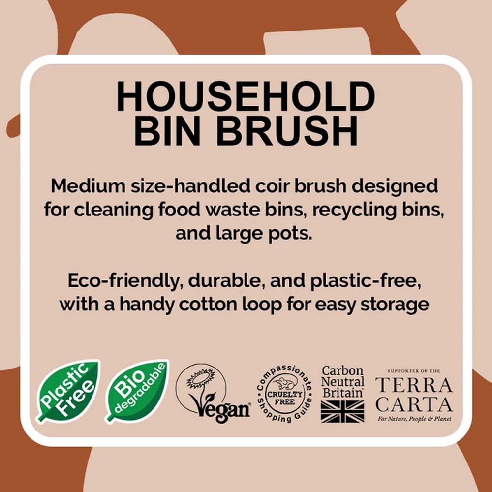 A product information graphic for a household bin brush. The design features a central rounded beige box with black text detailing the product&