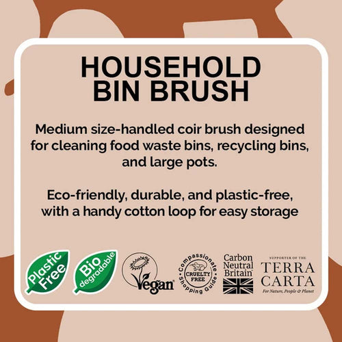 A product information graphic for a household bin brush. The design features a central rounded beige box with black text detailing the product&