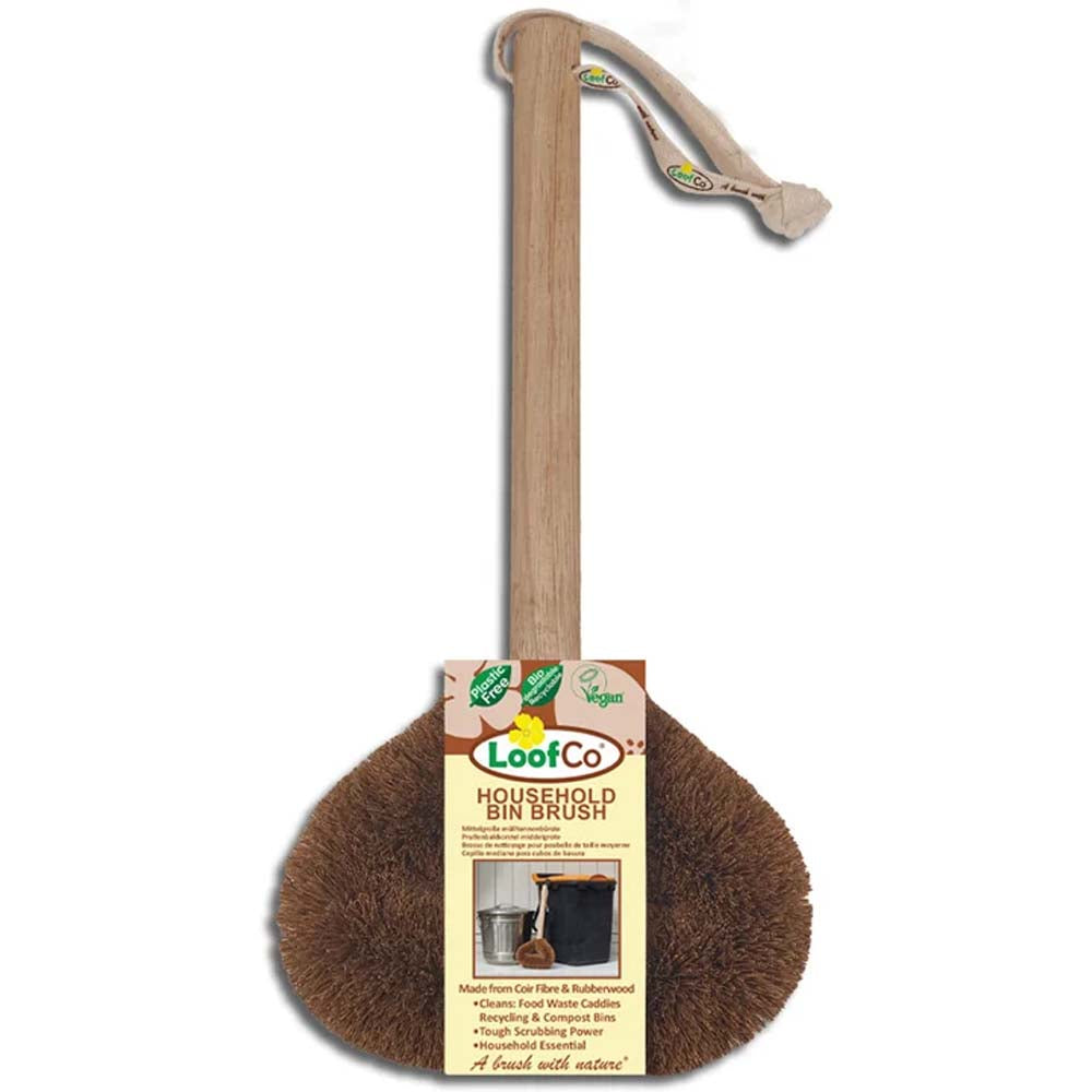 A LoofCo Household Bin Brush with a natural wood handle, brown coir bristles, and a product label attached at the base, shown on a plain white background.