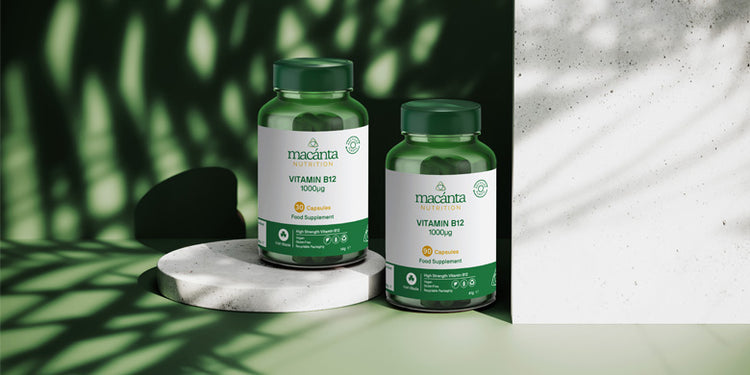 Macanta supplement bottles on green and white background