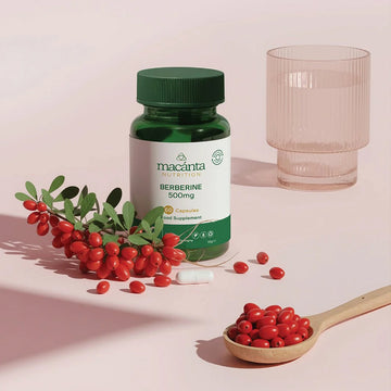 Macanta Berberine with red berries and a wooden spoon on a pink background