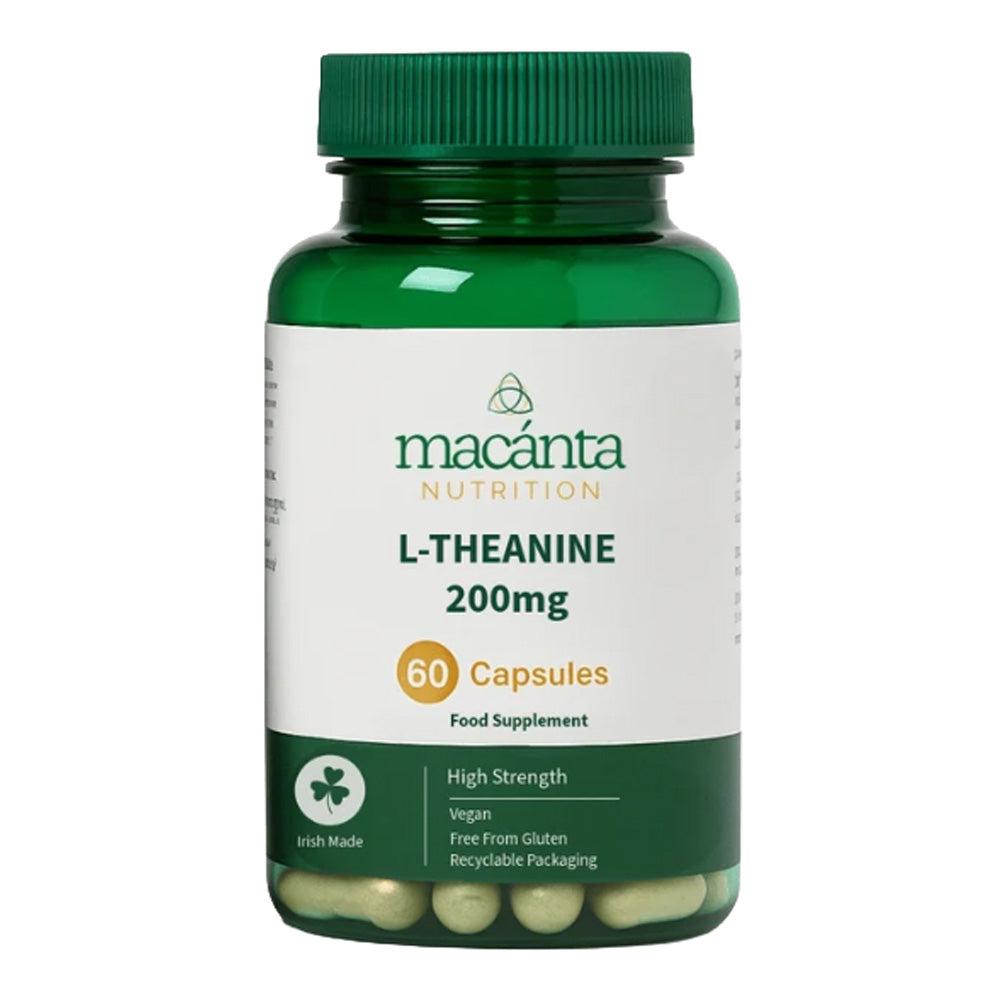 A bottle of Macanta Nutrition L-Theanine 200mg capsules, containing 60 capsules