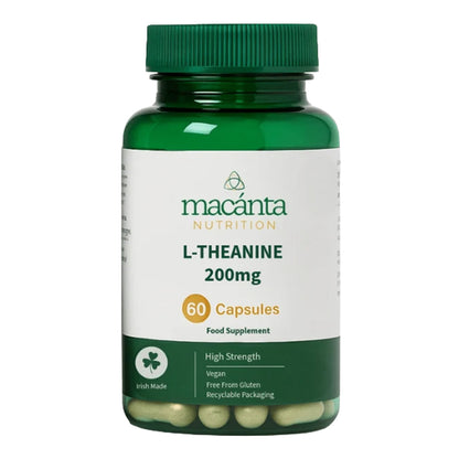 A bottle of Macanta Nutrition L-Theanine 200mg capsules, containing 60 capsules