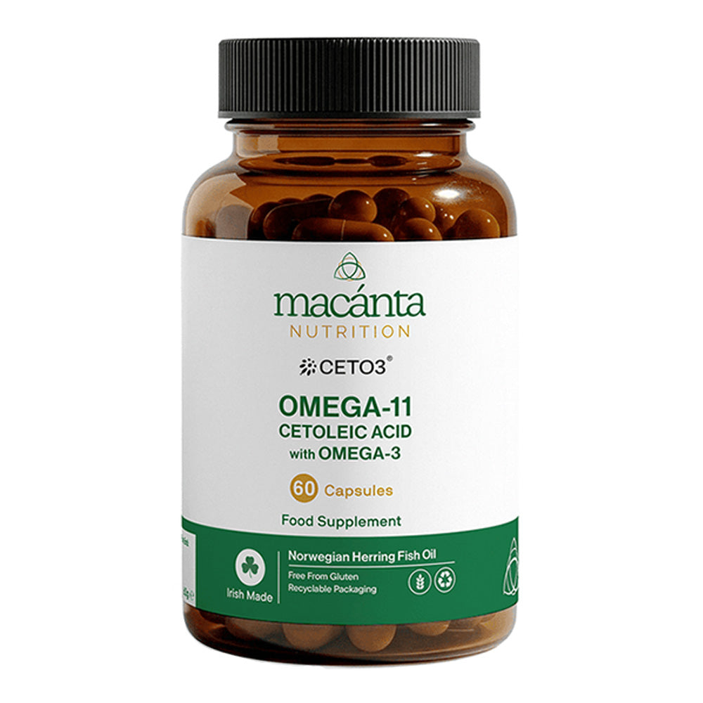 A bottle of Macanta Nutrition Omega-11 Cetoleic Acid with Omega-3 food supplement, containing 60 capsules, on a solid white background.