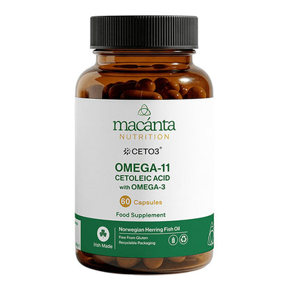 A bottle of Macanta Nutrition Omega-11 Cetoleic Acid with Omega-3 food supplement, containing 60 capsules, on a solid white background.