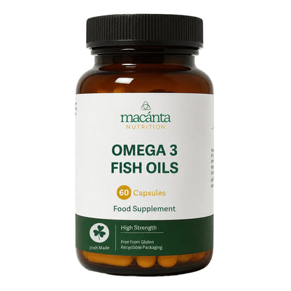 A bottle of Macanta Nutrition Omega 3 Fish Oils, containing 60 capsules
