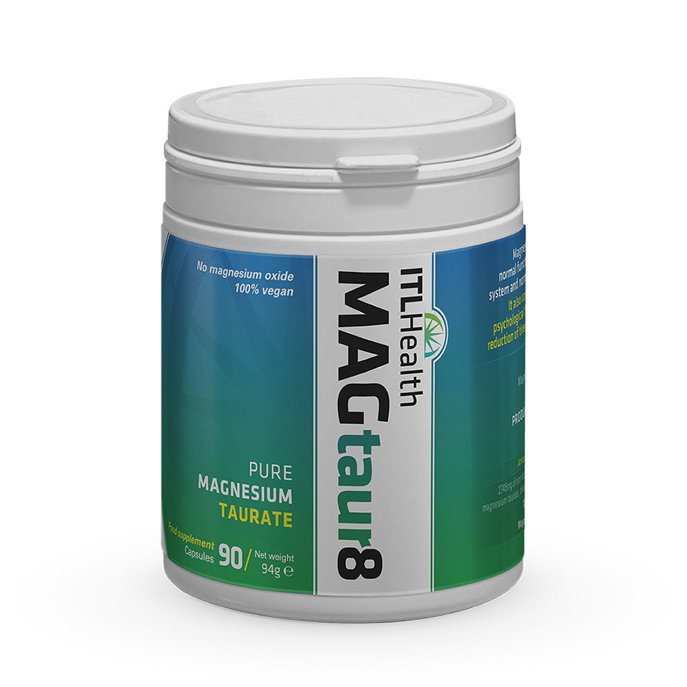 A white plastic supplement jar of ITT Health MAGtaur8 Pure Magnesium Taurate capsules, featuring a blue and green label with white and black text.