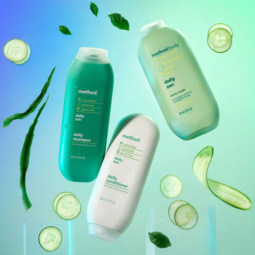 method brand shampoo, conditioner, and body wash bottles with cucumber slices and aloe vera leaves on a gradient blue and green background.