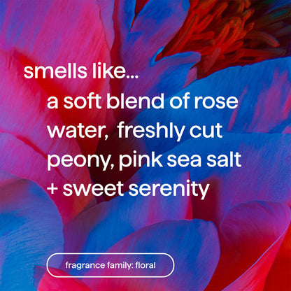 Colorful floral background with text describing fragrance notes and family.