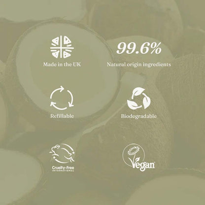 A promotional graphic with a muted olive-green coconut background and white text/icons highlighting product benefits: &
