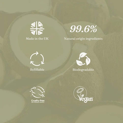 A promotional graphic with a muted olive-green coconut background and white text/icons highlighting product benefits: &