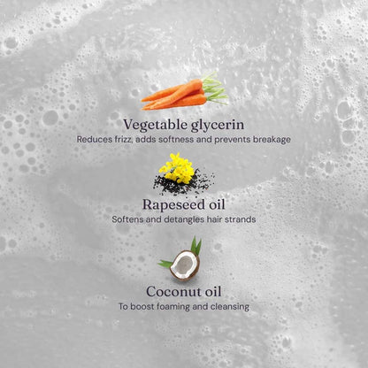 Ingredients for hair care products displayed on a textured gray background with text describing their benefits.