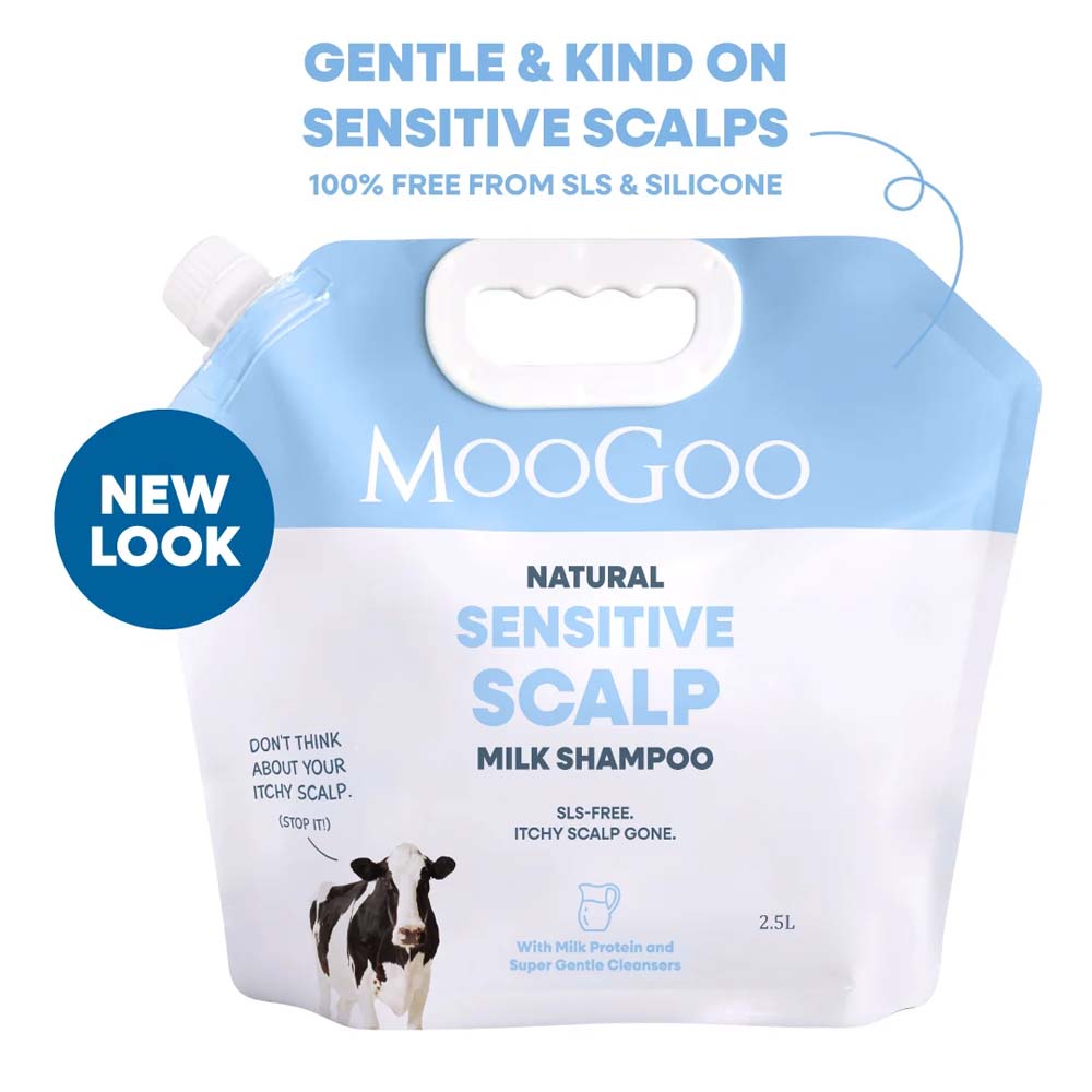 MooGoo Natural Sensitive Scalp Milk Shampoo in a 2.5L refill pouch.