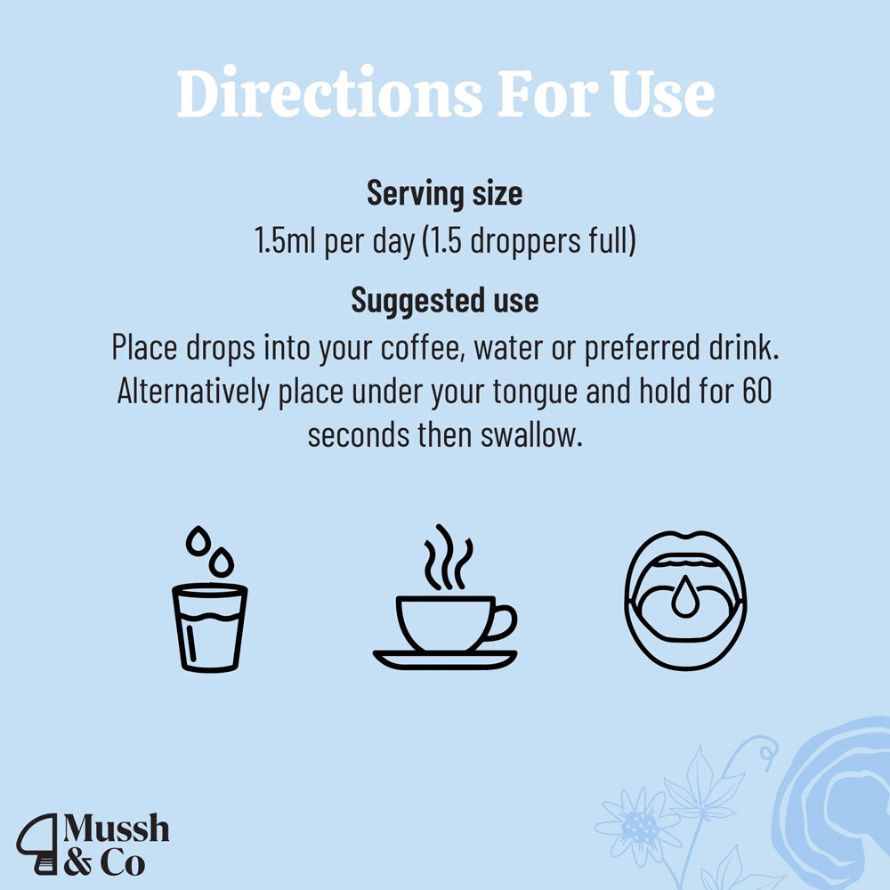 Directions for use with serving size and suggested usage on a light blue background, featuring the brand &
