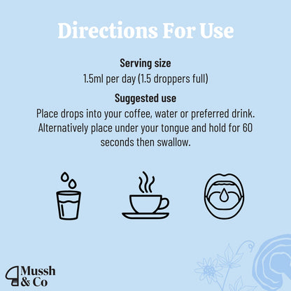 Directions for use with serving size and suggested usage on a light blue background, featuring the brand &