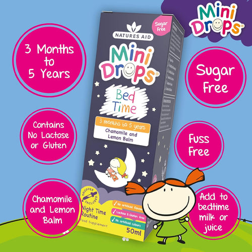 Natures Aid Mini Drops Bed Time packaging with features highlighted on a blue background