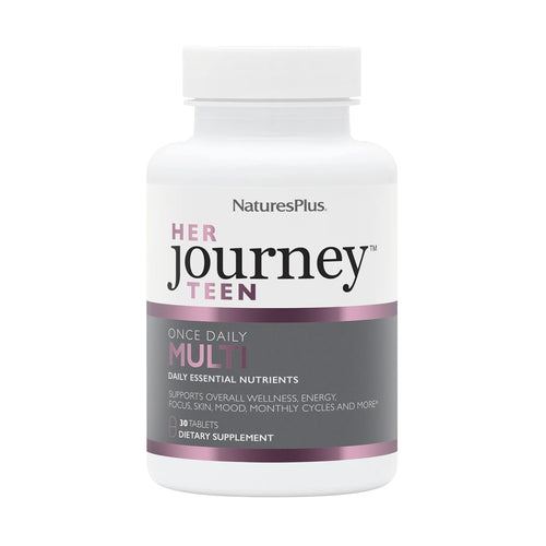 A white plastic bottle of NaturesPlus Her Journey Teen Once Daily Multi-vitamin  supplement.
