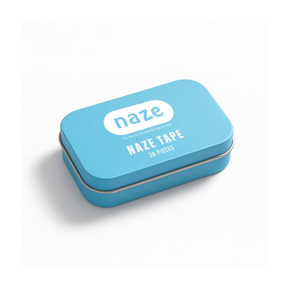 A small rectangular blue tin of Naze Tape, 30 pieces, shown at an angle on a clean white background with a soft shadow.