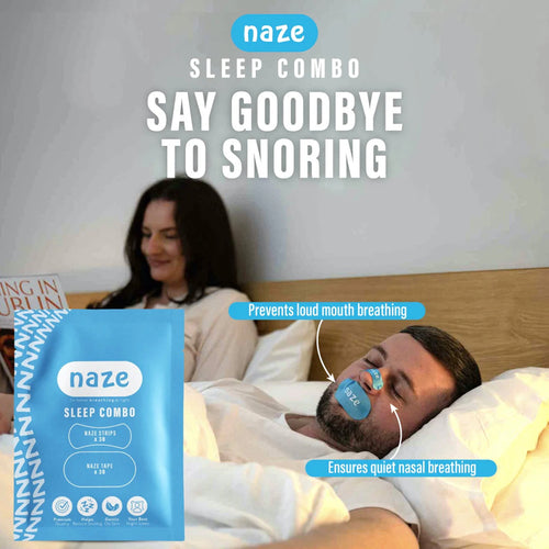 Naze sleep combo product with a woman and man in bed, text &