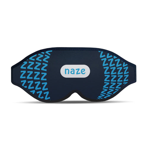 A navy blue sleep mask with a light blue repeating &