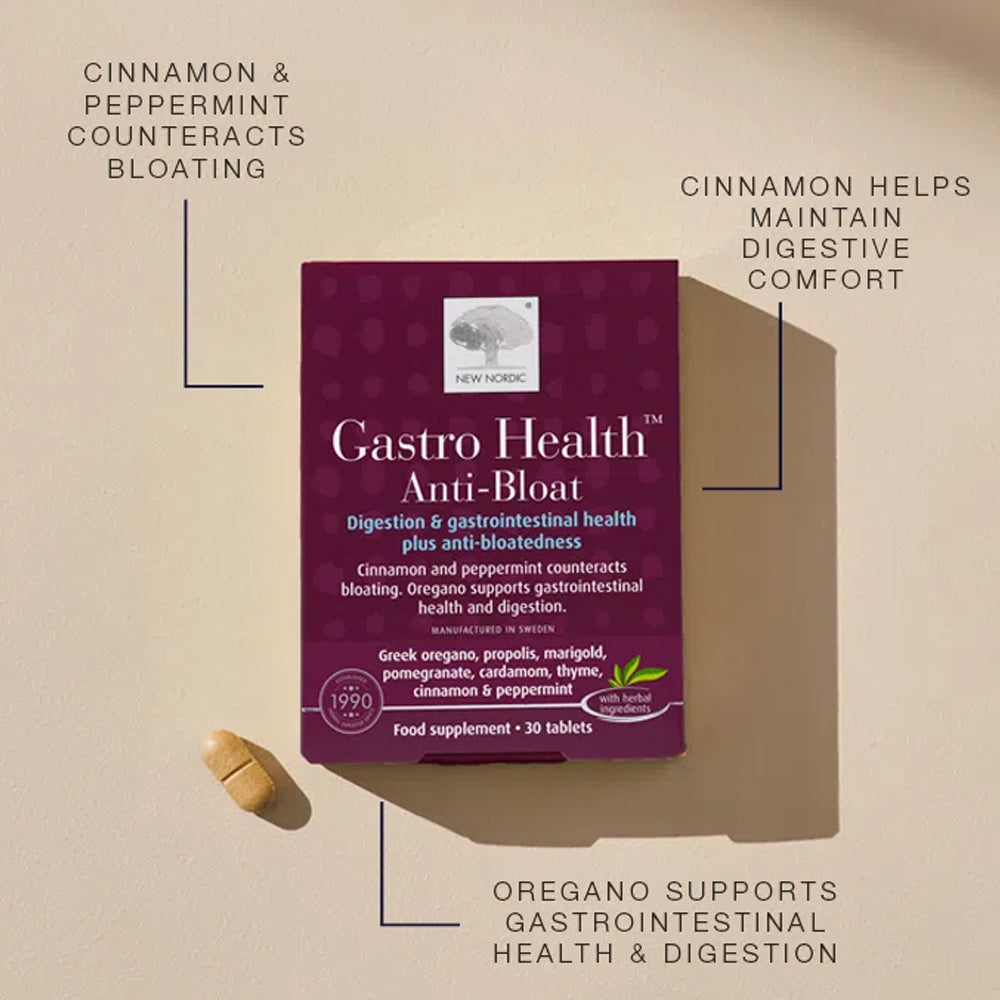 Purple packaging of Gastro Health Anti-Bloat supplement on a beige background