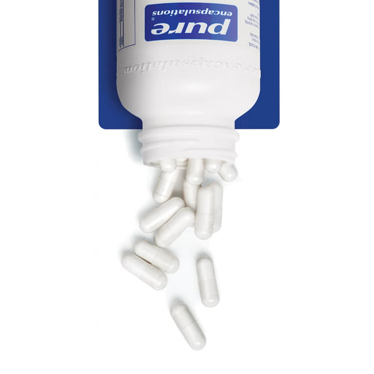 White capsules spilling from a Pure Encapsulations bottle on a plain white background.