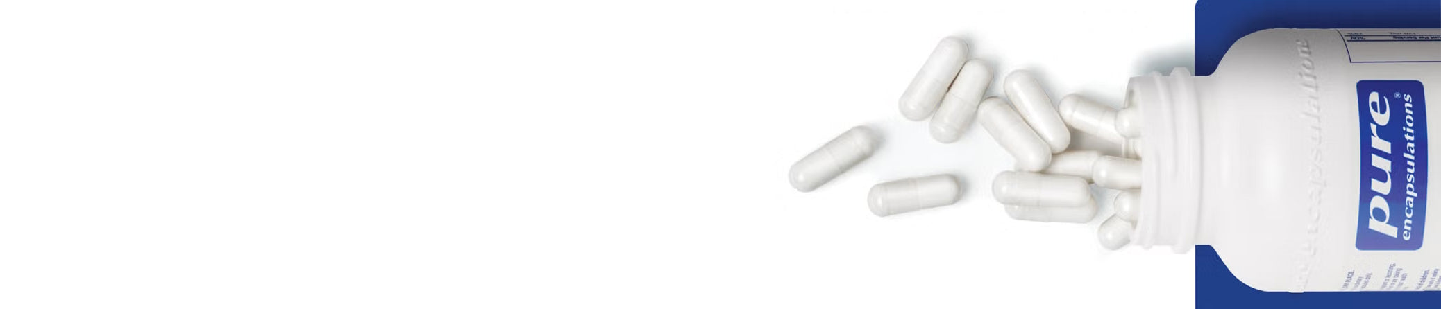 White capsules spilling from a Pure Encapsulations bottle on a plain white background.