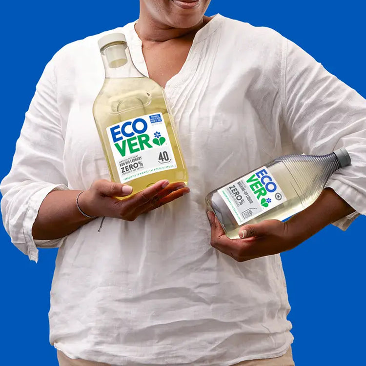 Person holding two bottles of Ecover against a blue background