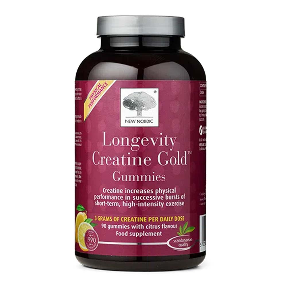 A bottle of New Nordic Longevity Creatine Gold Gummie