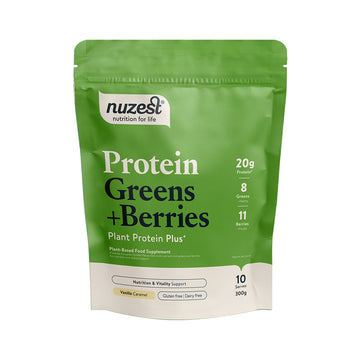 Nuzest Protein Greens &amp; Berries Plant Protein Plus+ Vanilla Caramel front