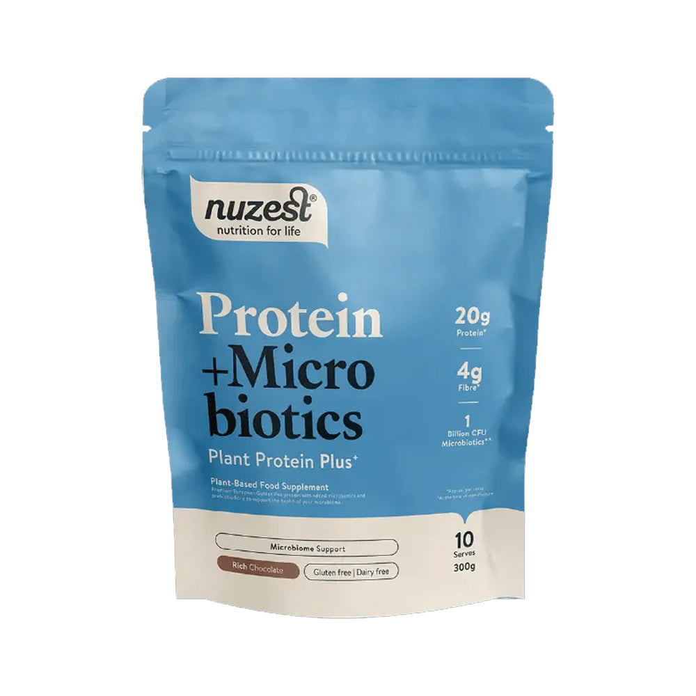 front of Nuzest Protein &amp; Microbiotics Plant Protein Plus+