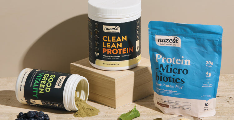 A selection of Nuzest protein, greens and micro biotic supplements 