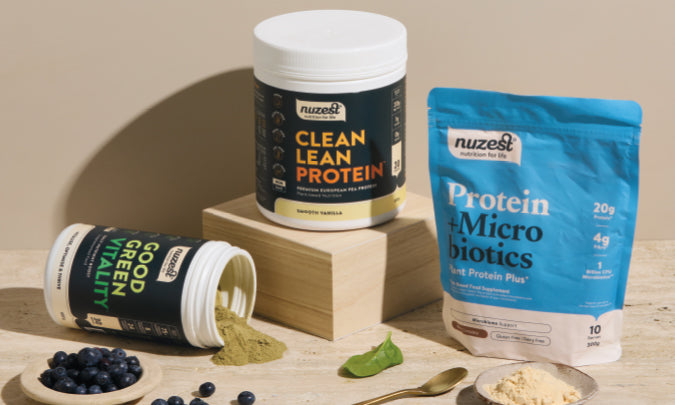 A selection of Nuzest protein, greens and micro biotic supplements 