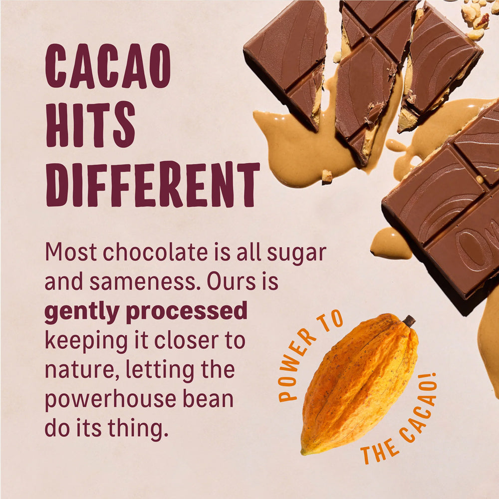 Chocolate bars and cacao bean with text on a beige background
